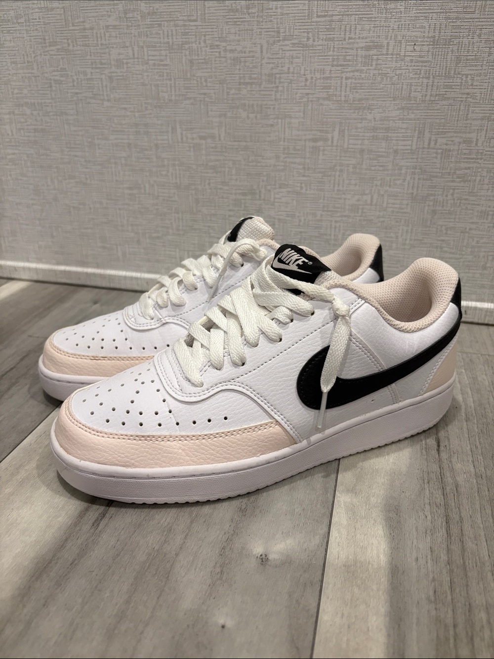 Nike Women’s White & Blush Low-Top Sneakers with Black Swoosh